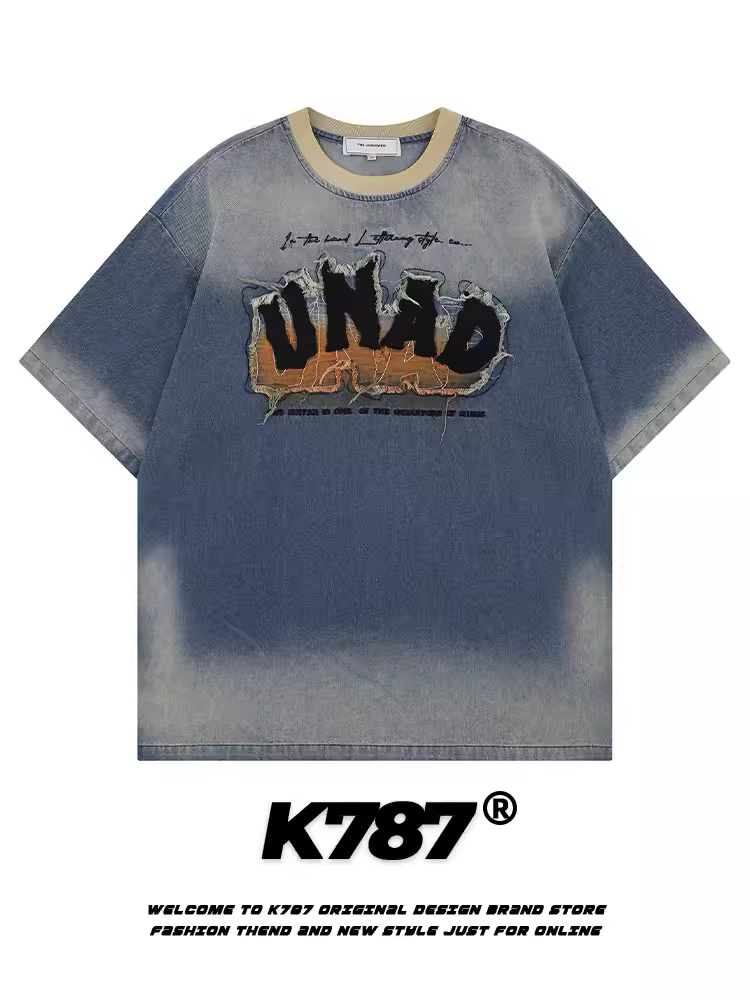 Áo thun denim ngắn tay thêu họa tiết retro Mỹ K787 dành cho nam và nữ, thiết kế áo pull kiểu cặp đôi