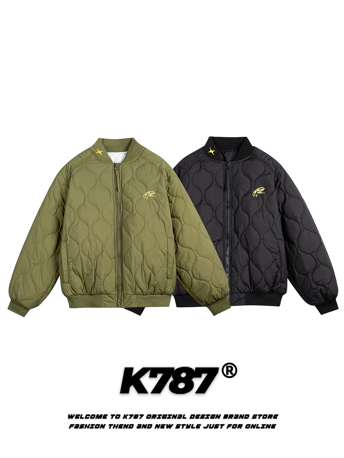 Áo khoác cotton cổ đứng họa tiết bầu kiểu Mỹ cổ điển K787 dành cho nam và nữ, rộng rãi và ấm áp, áo khoác cotton mùa đông 2025 dành cho cặp đôi.