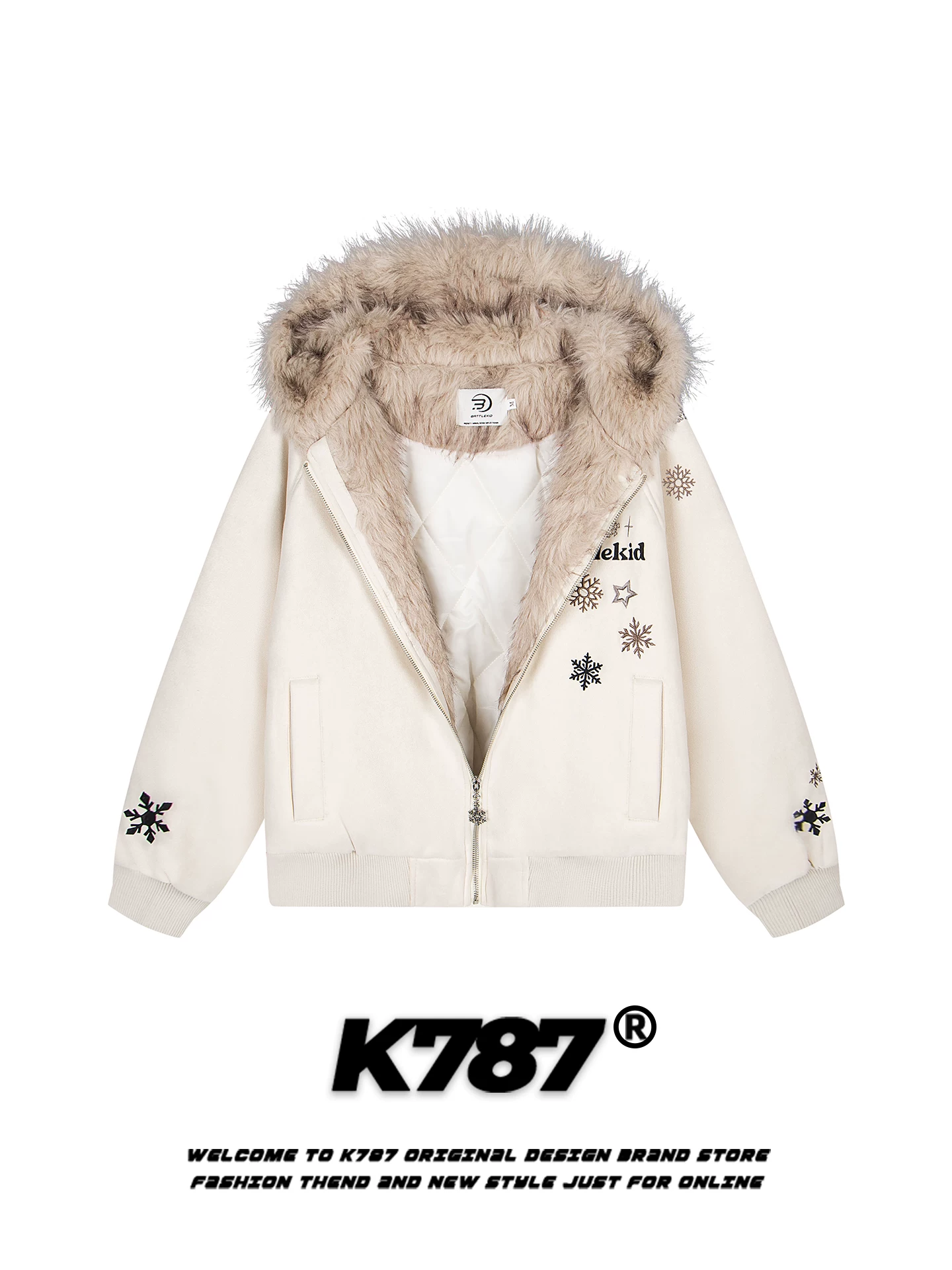 Áo khoác cotton có mũ trùm đầu, cổ lông thêu hình bông tuyết kiểu Mỹ cổ điển K787 dành cho nam và nữ, chất liệu da lộn may chần bông giữ ấm, áo khoác mùa đông dành cho cặp đôi