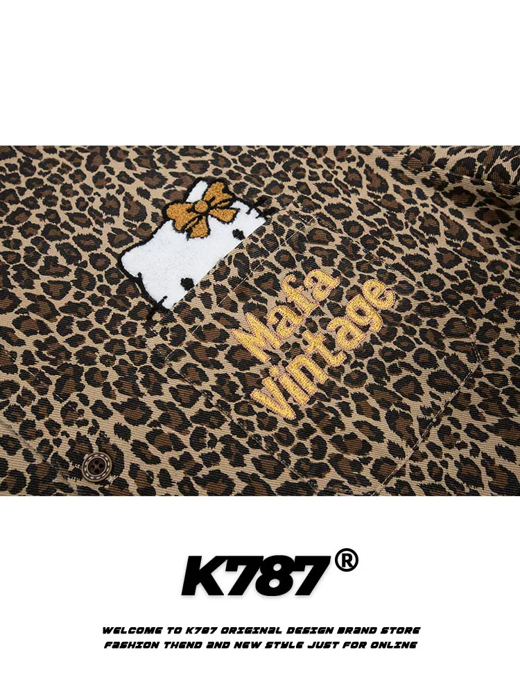 K787 Áo sơ mi ngắn tay họa tiết da báo cổ điển Mỹ Hello Kitty dành cho nam và nữ cổ điển đường phố cao cấp hiphop áo đôi