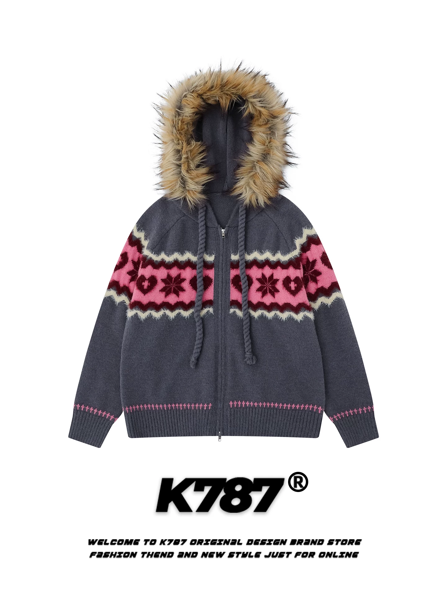 Áo len cardigan có mũ trùm đầu kiểu Mỹ cổ điển K787, họa tiết Fair Isle dệt jacquard, dành cho nam và nữ, phong cách lười biếng, dáng rộng, chất liệu dệt kim thoải mái.