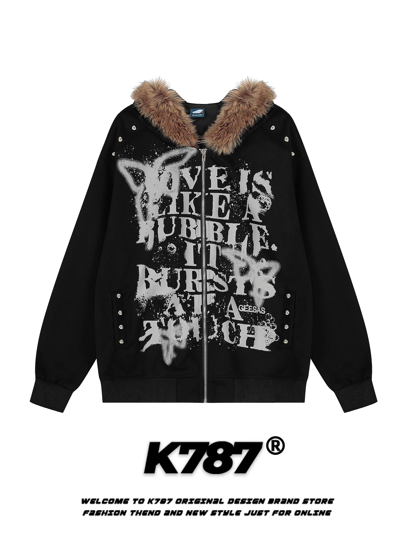 Áo khoác hoodie có mũ trùm đầu in hình bướm graffiti retro Mỹ K787 dành cho nam và nữ, phong cách lười biếng, thời trang, thương hiệu nổi tiếng