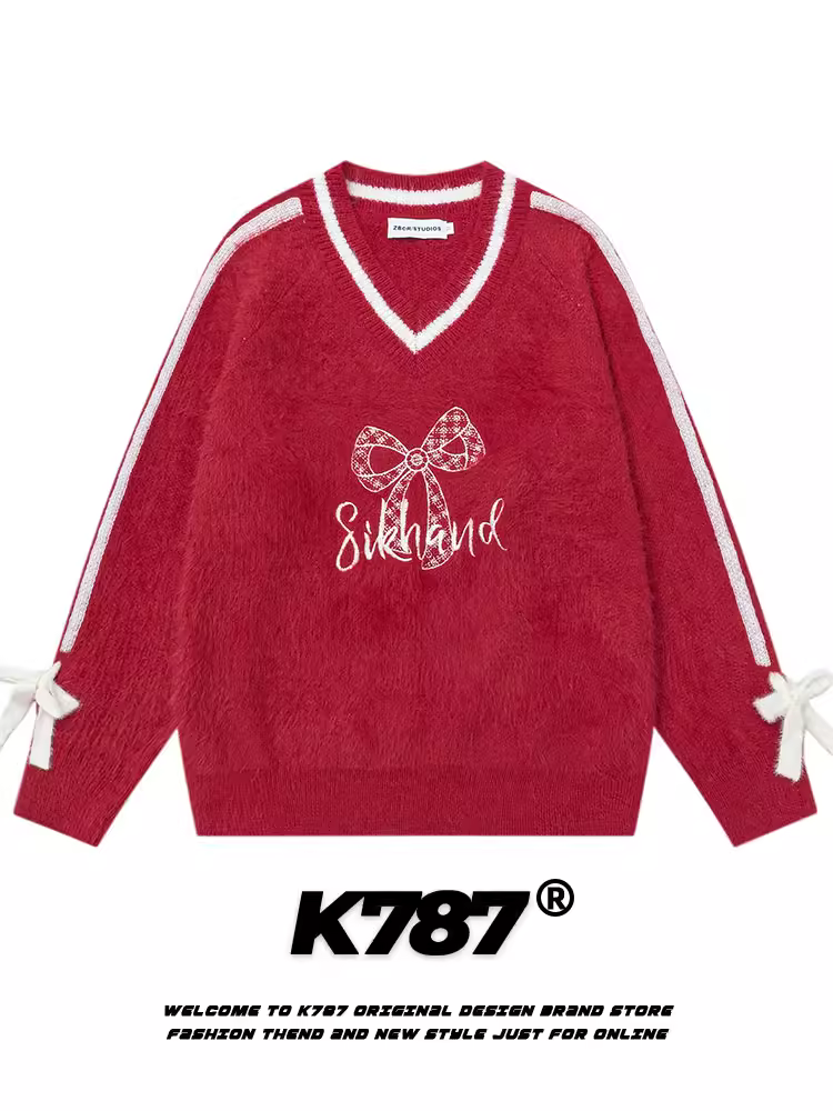 K787 Áo len dệt kim cổ chữ V thêu nơ kiểu lười biếng dành cho nam và nữ, áo len cặp đôi màu đỏ năm hoàng đạo