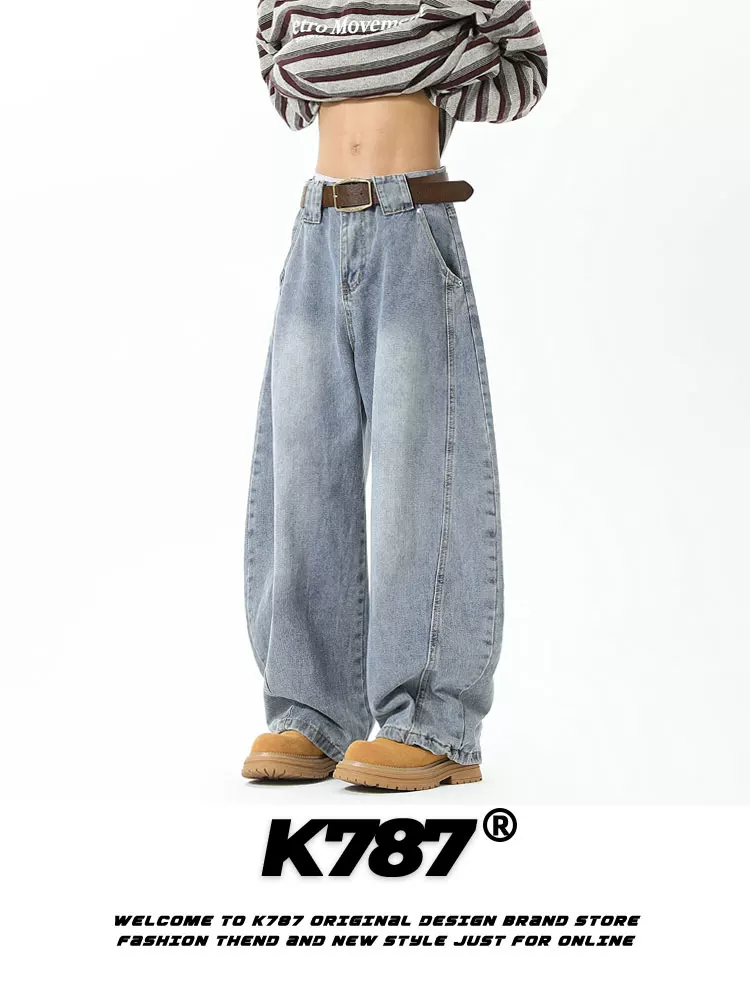 Quần jeans kiểu dáng retro Mỹ K787, họa tiết sét phá cách, unisex, dáng rộng, cạp cao, phong cách casual, kiểu dáng lửng.