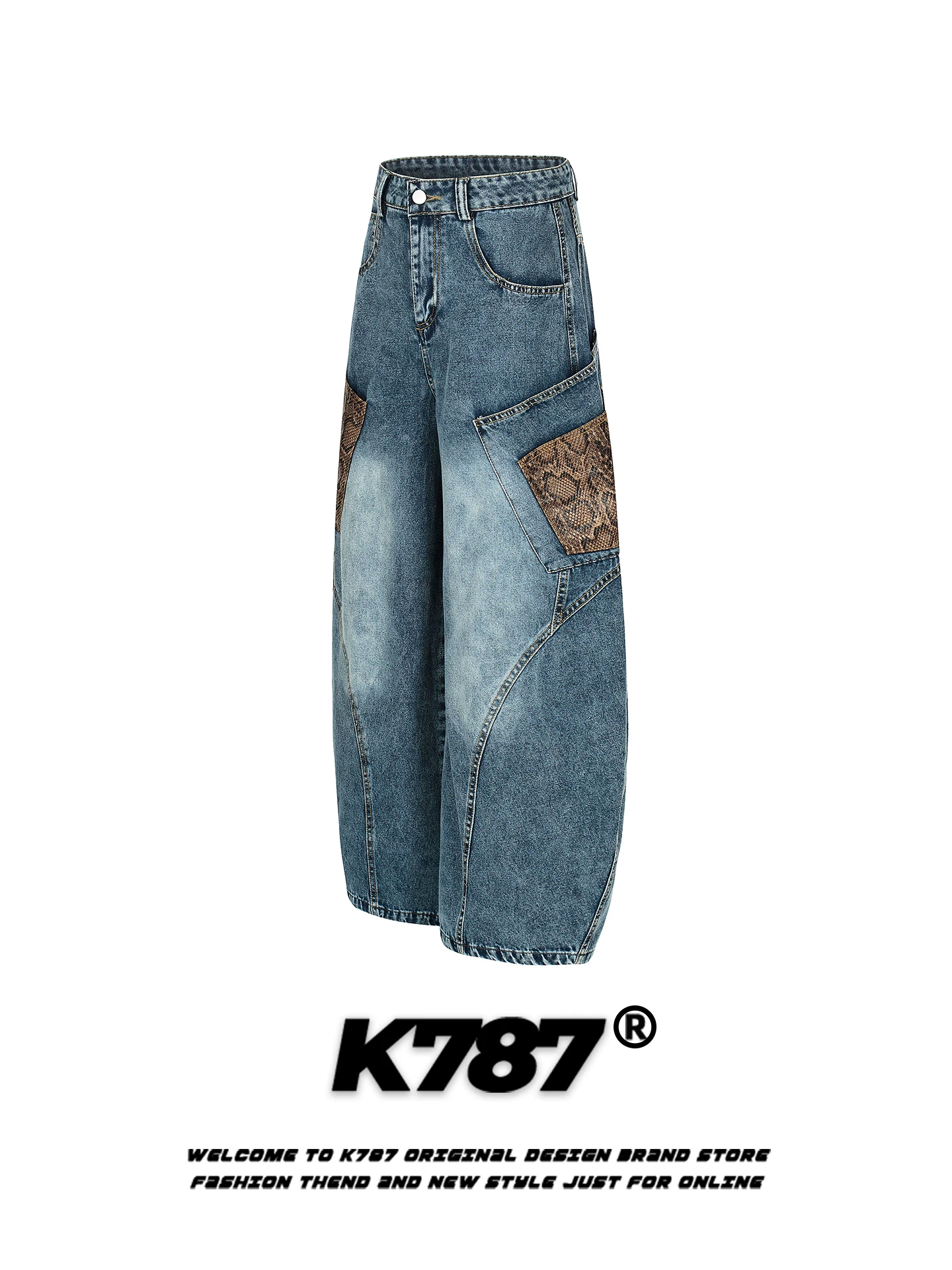 Quần jeans ống rộng unisex kiểu Mỹ K787, họa tiết da rắn phối vải, thiết kế hip-hop thời thượng, phong cách đường phố, kiểu dáng casual.