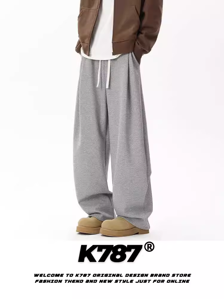 Quần thể thao xếp ly kiểu Mỹ cổ điển K787 dành cho nam, quần thể thao ống đứng màu trơn đa năng, cạp cao, phong cách đường phố