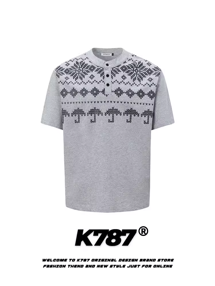 K787 Áo thun ngắn tay cổ Henry cổ điển kiểu Mỹ Fair Isle dành cho nam và nữ cleanfit dáng rộng giản dị nửa tay áo