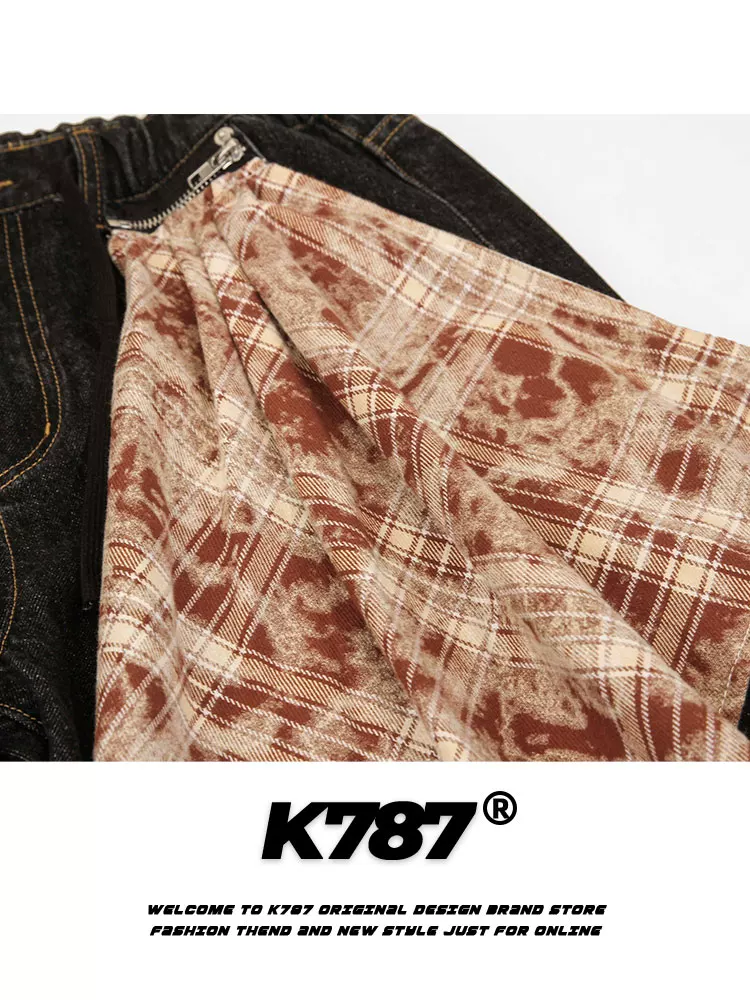 K787 Quần jean kẻ sọc cổ điển kiểu Mỹ chắp vá unisex oversize niche quần ống thẳng thông thường hợp thời trang