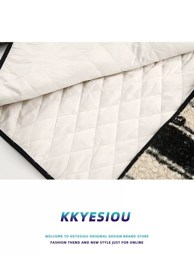 Áo khoác cotton dày có mũ trùm đầu kiểu Mỹ cổ điển sọc kẻ của KKyesiou dành cho nam và nữ, phong cách Chanel mùa đông 2024, áo khoác lót bông