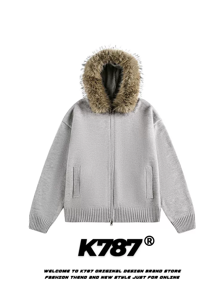 Áo khoác cardigan len dệt kim dáng rộng, có mũ trùm đầu, cổ lông tháo rời, kiểu dáng cổ điển Mỹ, unisex, màu trơn, mã K787
