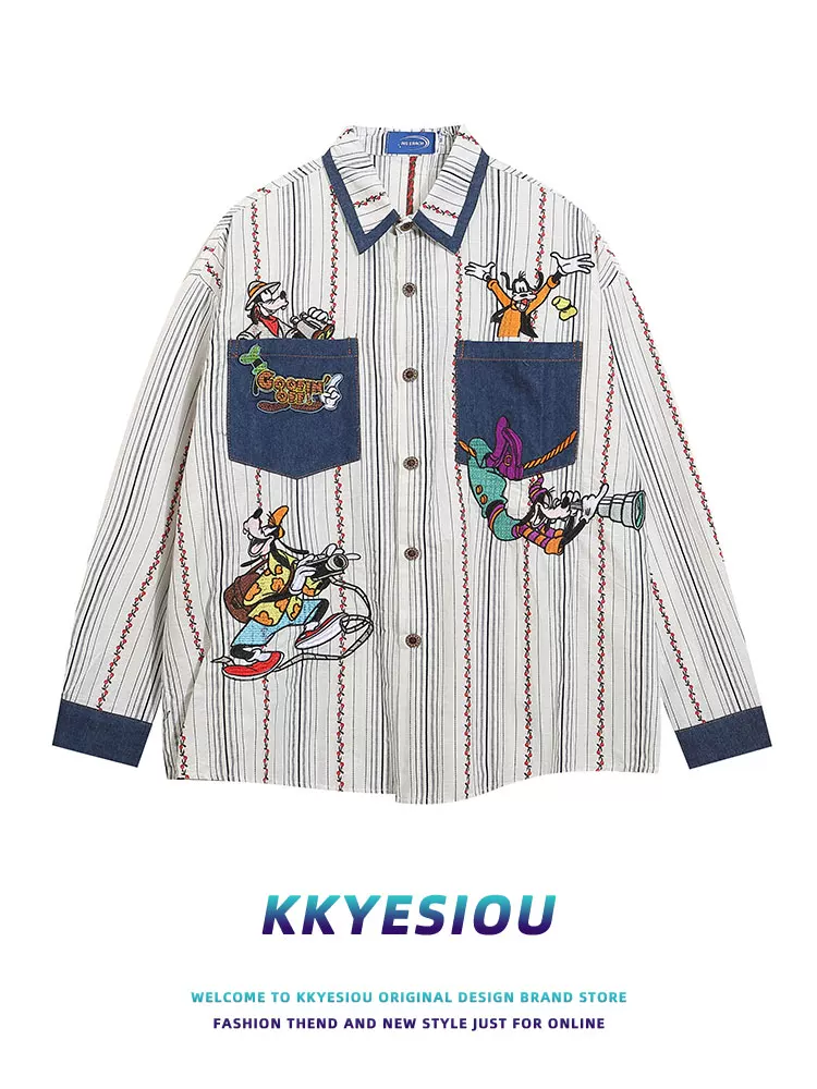 Áo sơ mi dài tay thêu sọc phong cách retro Mỹ KKyesiou dành cho nam và nữ, phong cách cổ điển, kiểu preppy, áo đôi