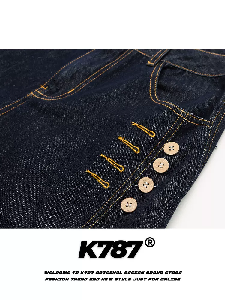 K787 Quần denim kiểu dáng cổ điển Mỹ, xu hướng quốc gia, cúc cài, unisex, xu hướng đường phố, dáng rộng, cạp cao, quần thẳng, phong cách thường ngày