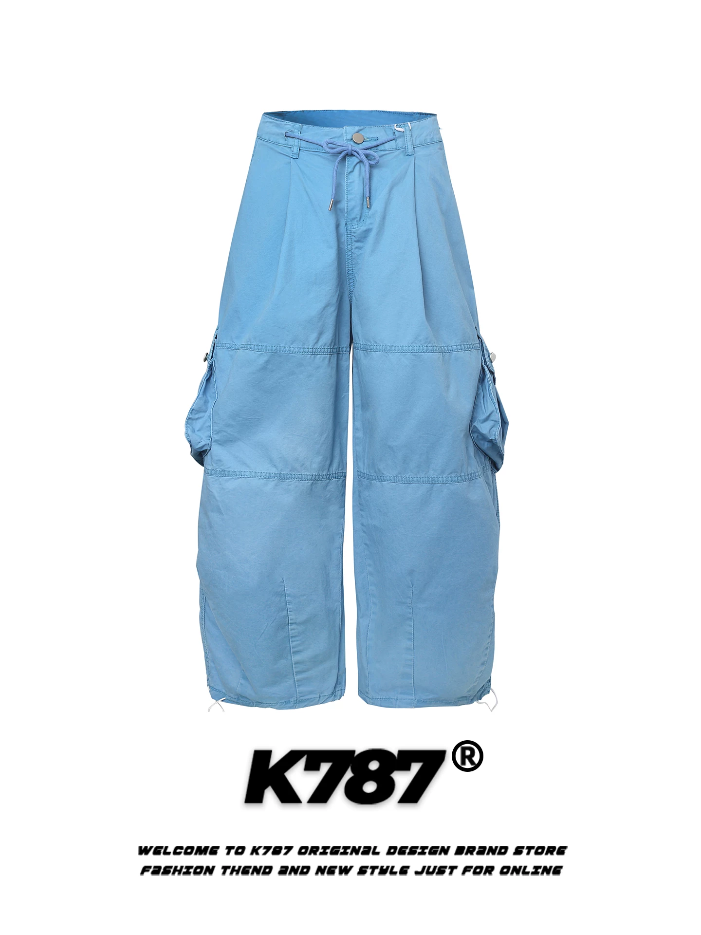 Quần cargo dây rút nhiều túi phong cách đường phố Mỹ K787, unisex, dáng rộng, cạp cao, thời trang, xu hướng, quần dài ống rộng