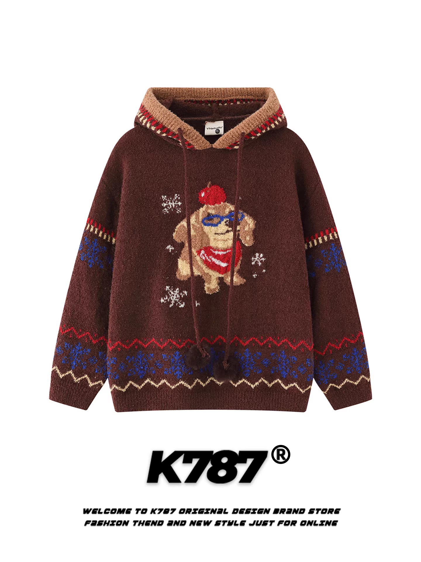 Áo len có mũ trùm đầu in hình chú chó vui nhộn theo phong cách retro Mỹ K787 dành cho nam và nữ, áo khoác dệt kim có dây rút phong cách dân tộc rộng rãi