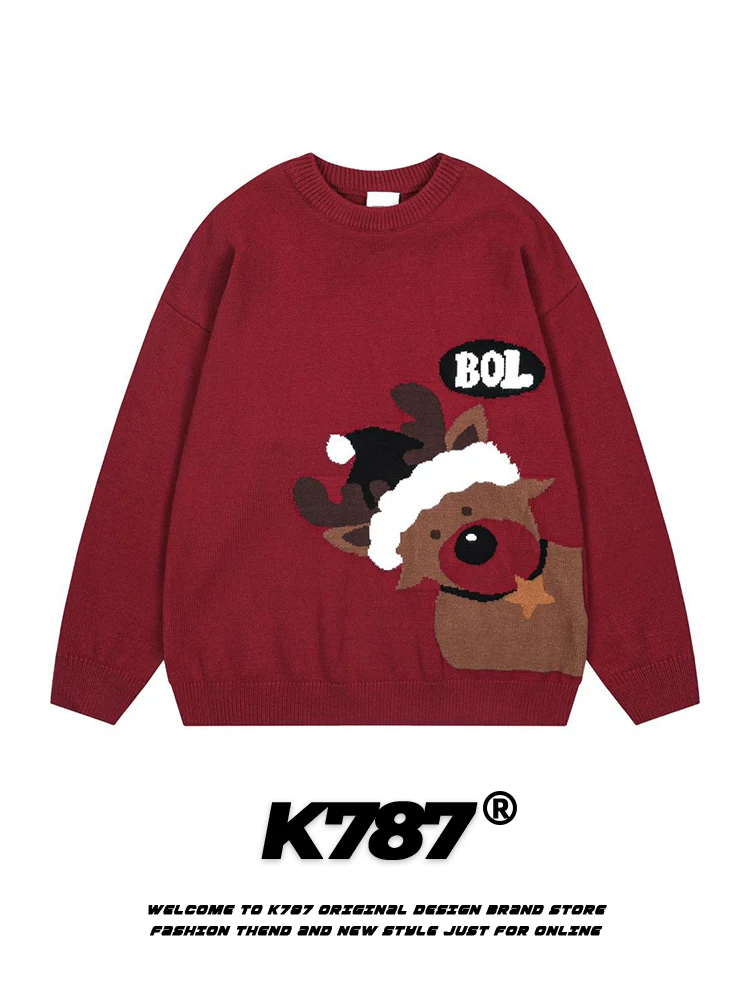K787 Áo len dệt kim màu đỏ phong cách Trung Quốc Giáng sinh hình tuần lộc hoạt hình vui nhộn unisex Áo len cổ điển kiểu Mỹ Áo len cặp đôi