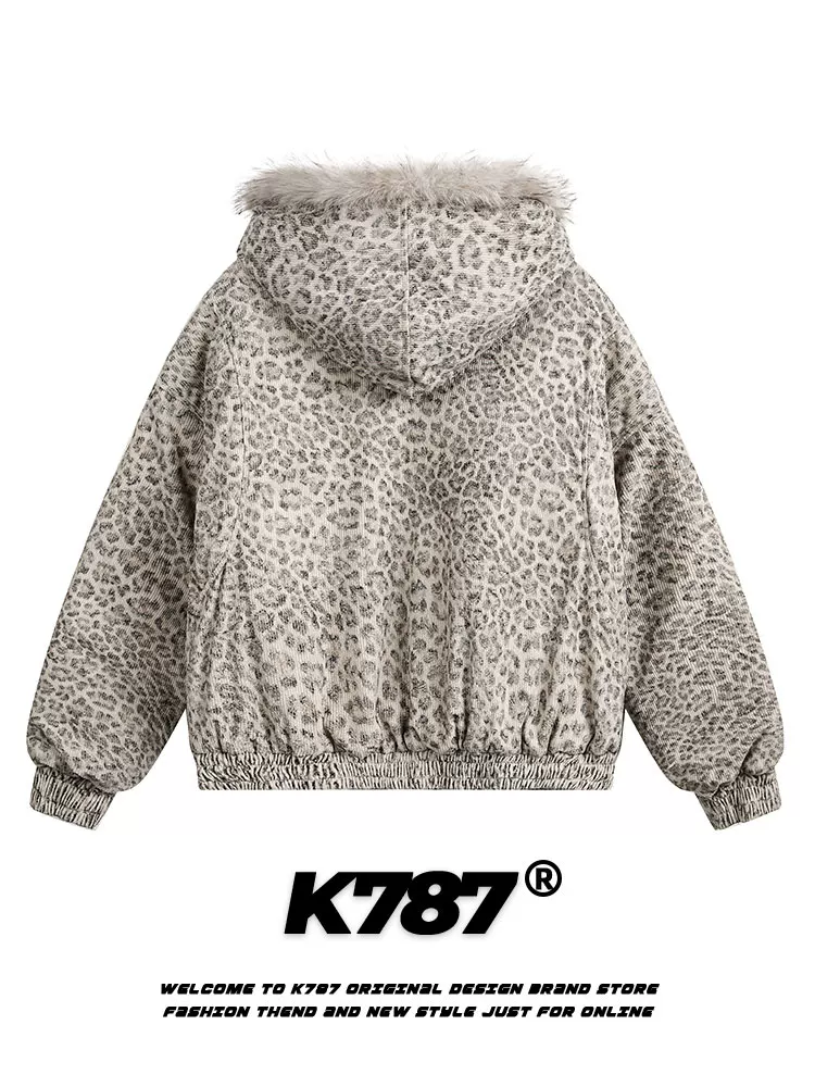 Áo khoác cotton dày dặn cổ lông phong cách Mỹ cổ điển K787, họa tiết báo đốm, unisex, mùa đông 2025, có mũ, dành cho cặp đôi