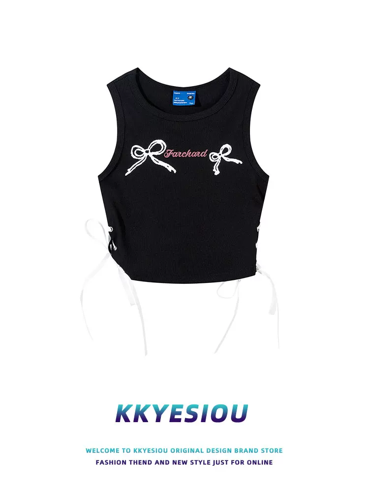 Áo gile ngắn đa năng kiểu bướm, phong cách preppy, cạp cao, xếp ly, không tay, chất liệu thun, dành cho nữ, thương hiệu KKyesiou.