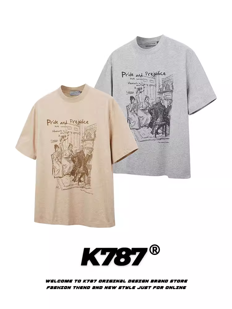 K787 Áo thun ngắn tay phong cách cleanfit cổ điển của Mỹ dành cho nam, vai thường, đa năng, in hình ngộ nghĩnh, áo thun dáng rộng thông thường