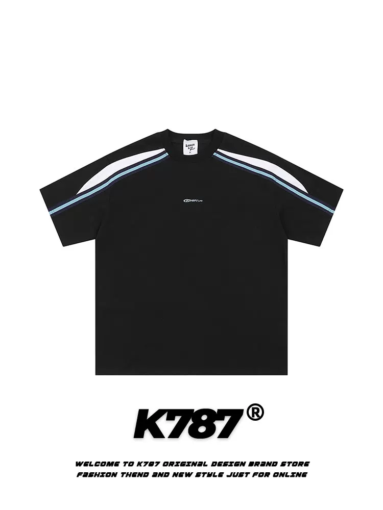 K787 Áo thun ngắn tay phối màu phong cách retro thể thao kiểu Mỹ dành cho nam và nữ, áo nửa tay dáng rộng phong cách đường phố đa năng dành cho cặp đôi
