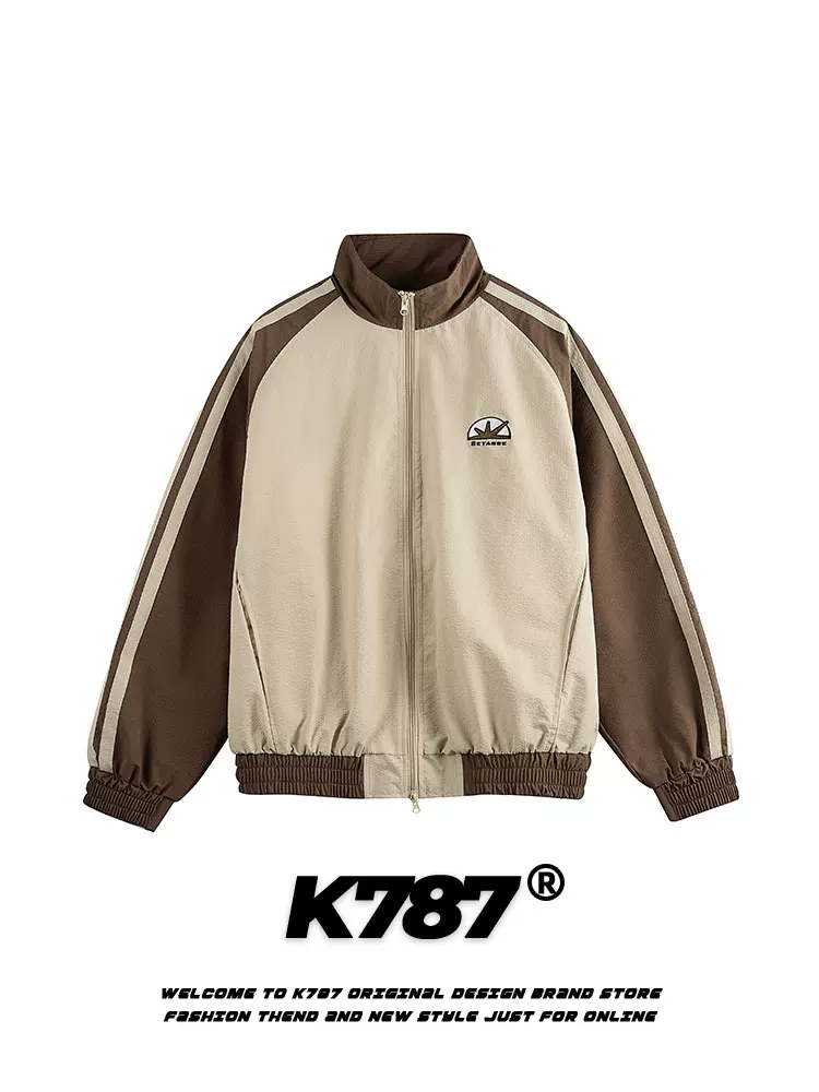 Áo khoác cổ đứng thêu phối màu sọc kiểu Mỹ cổ điển K787, unisex, thời trang, dáng rộng, thể thao, thường ngày, dành cho cặp đôi
