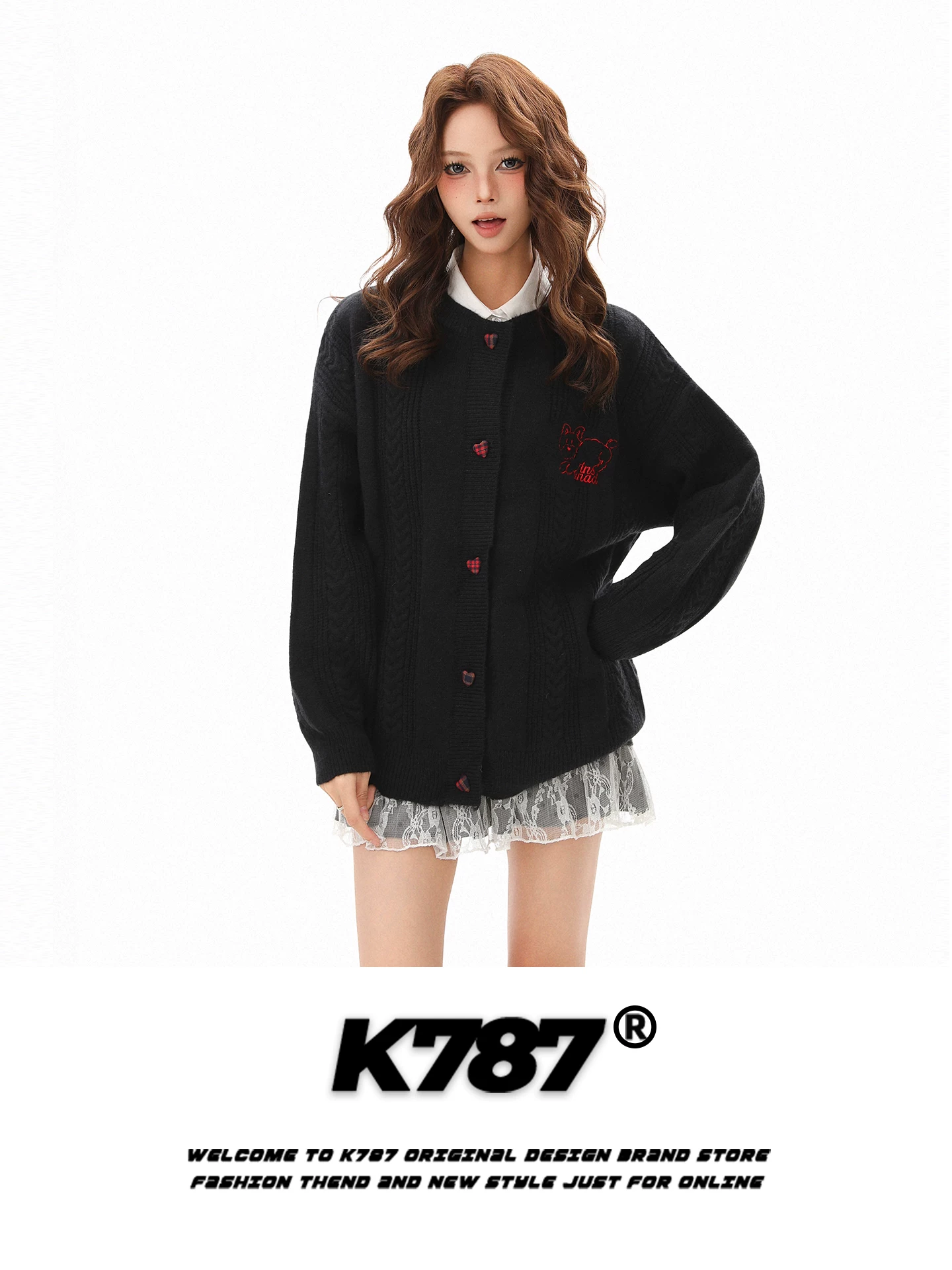 Áo len cardigan thêu hình chó con phong cách đường phố Mỹ K787 dành cho nữ, dáng rộng, tôn dáng, phong cách lười biếng, áo khoác dệt kim giảm tuổi tác