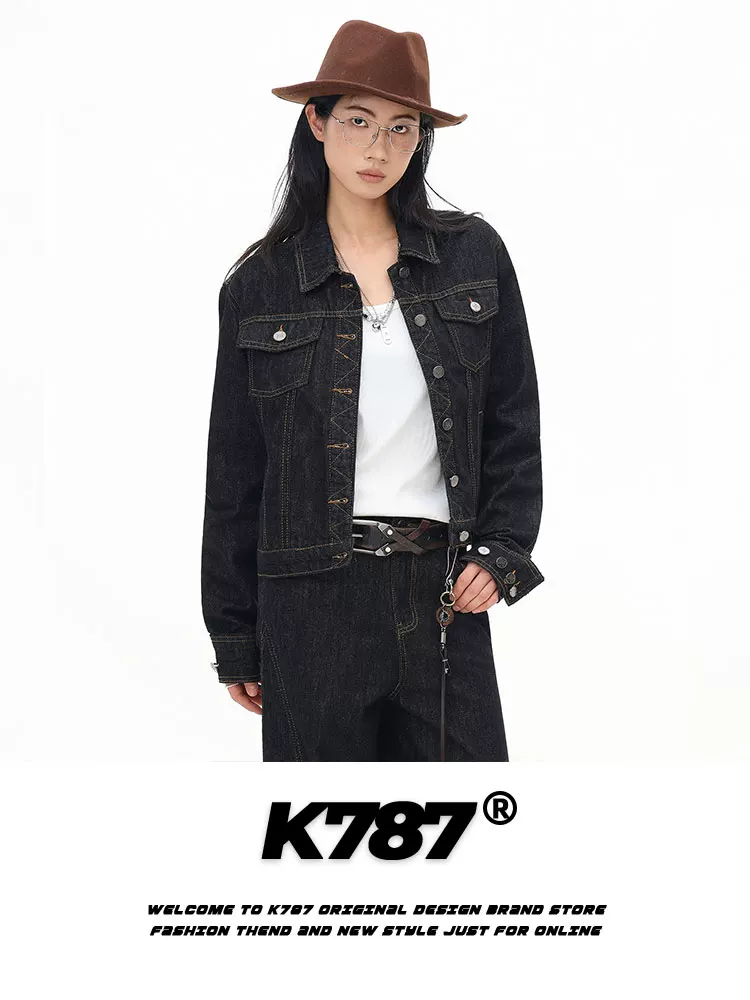 Áo khoác denim kiểu đường phố Mỹ K787, đường may lộ, thương hiệu thời trang unisex, áo khoác ngắn đa năng