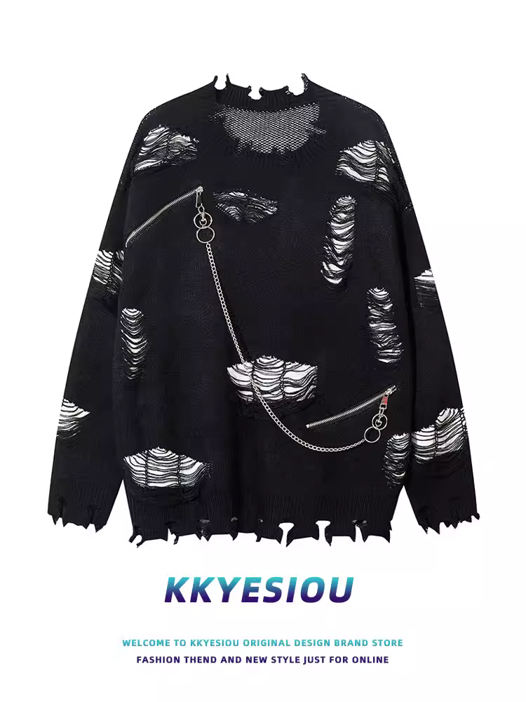 Áo len dệt kim phối mảng vá dây xích rách kiểu retro thời thượng của thương hiệu KKyesiou, unisex, dáng rộng, dành cho cặp đôi