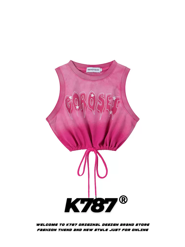 Áo ba lỗ nữ K787 kiểu dáng hot girl, phối màu gradient, thiết kế buộc dây, không tay, phong cách cá tính, màu đỏ hồng, kiểu dáng thời trang.