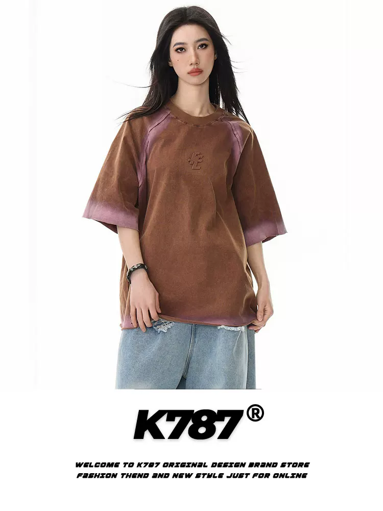 Áo thun ngắn tay kiểu đường phố cổ điển Mỹ K787, kiểu dáng rộng thùng thình, phong cách hip-hop, dành cho nam và nữ.
