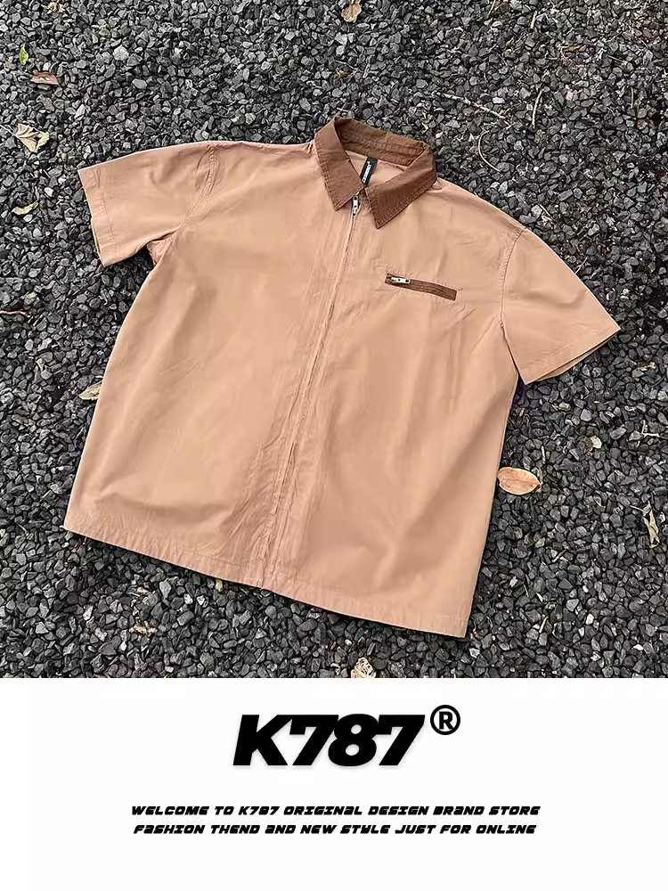 K787 Áo cardigan ngắn phong cách retro cleanfit kiểu Mỹ unisex màu trơn đa năng áo sơ mi ngắn tay mùa hè