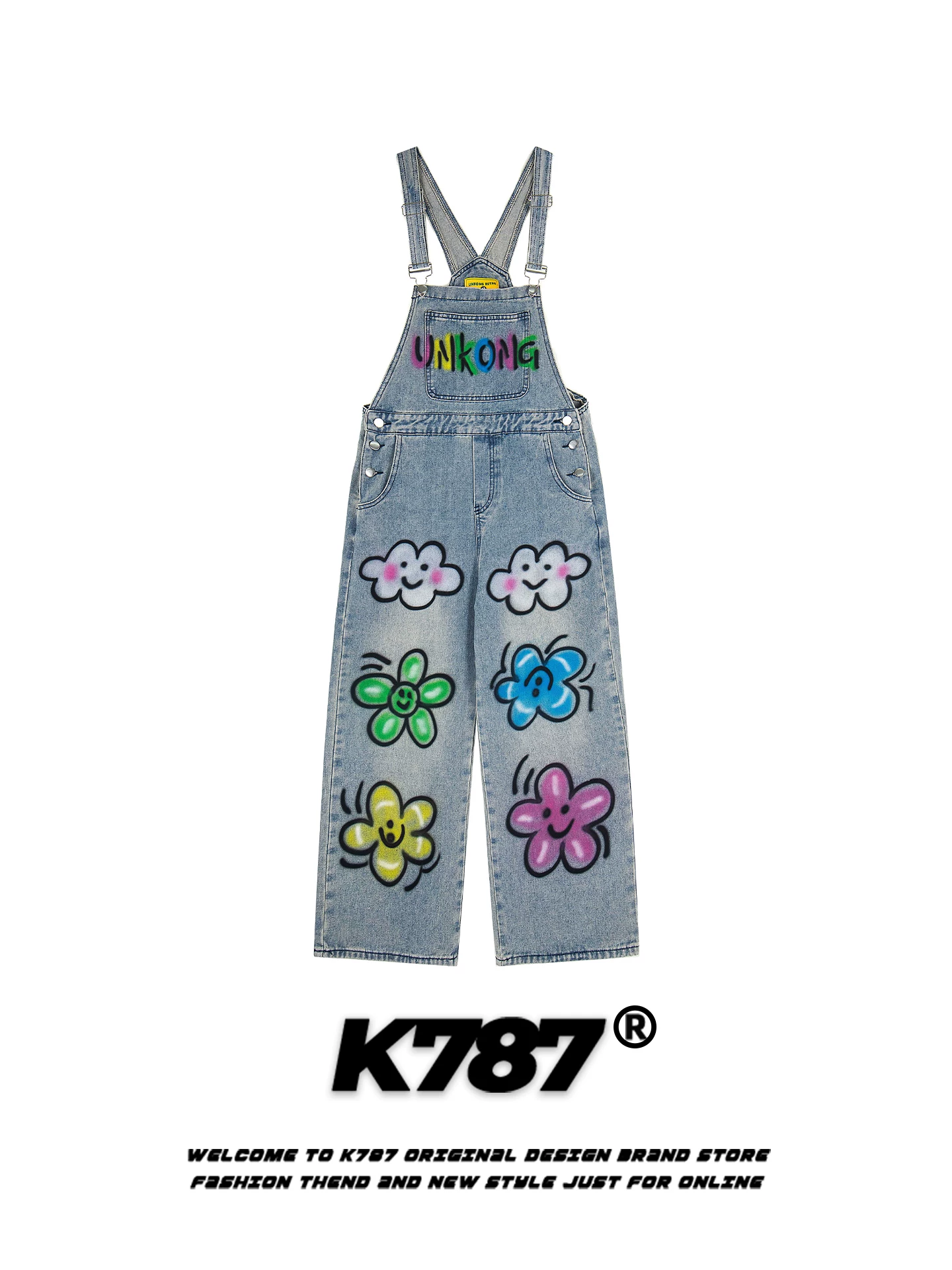 Quần yếm denim in hoa kiểu Mỹ cổ điển K787, unisex, dáng rộng, xu hướng thời trang, ống thẳng, kiểu vintage, ống rộng