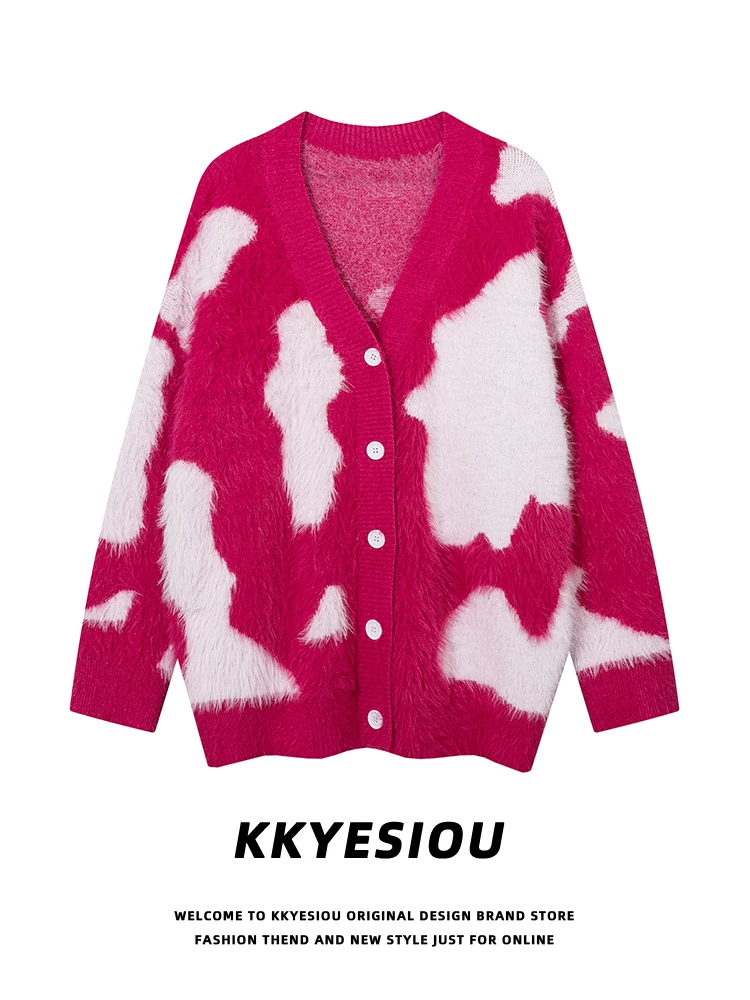 Áo khoác cardigan len giả mohair phong cách retro Mỹ, phối màu đen hồng, kiểu dáng lười, unisex, phong cách sinh viên, mã K787