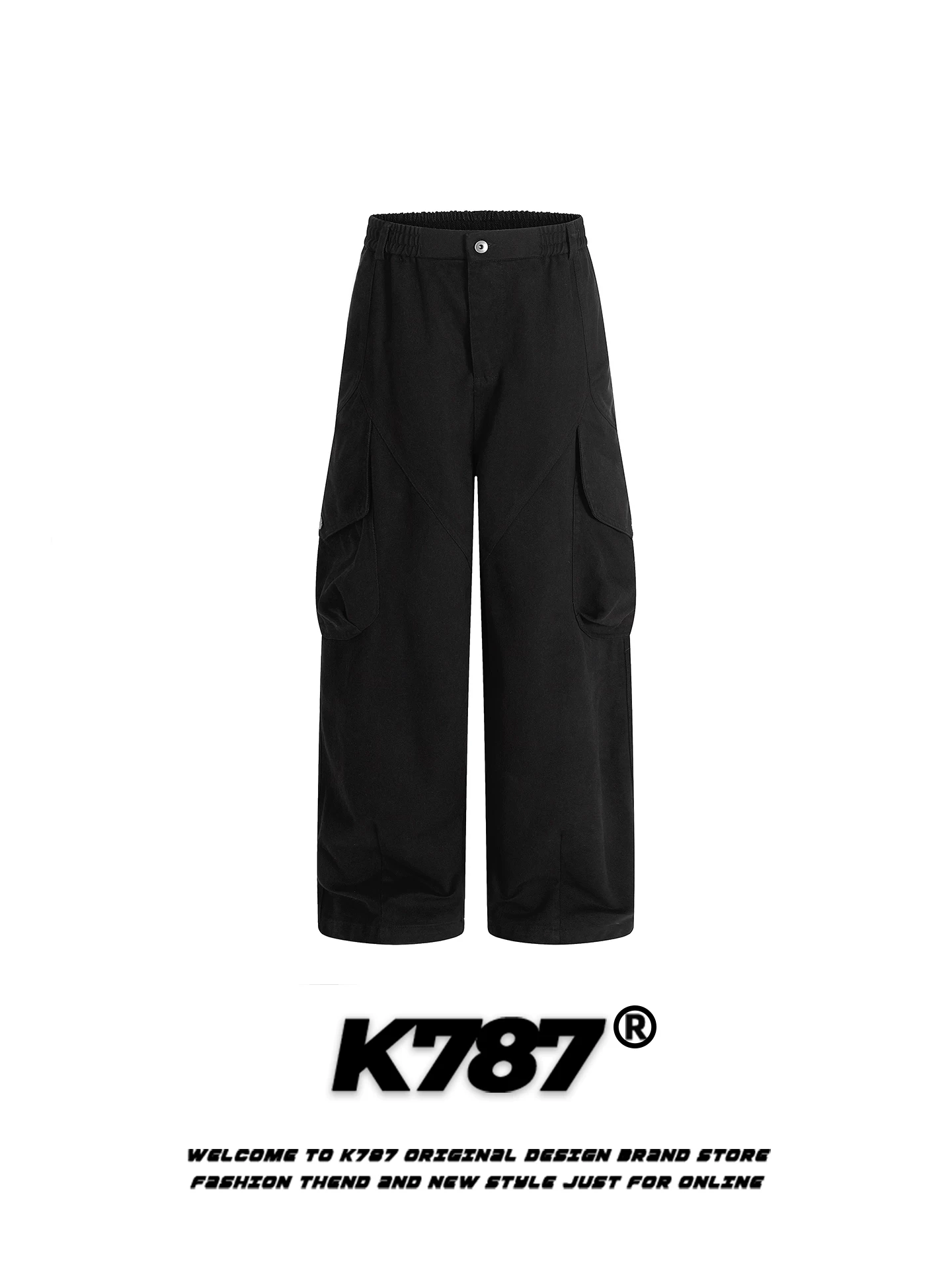 Quần cargo unisex kiểu đường phố Mỹ K787, túi hộp lớn, phong cách casual, cạp cao, dáng rộng, màu trơn, ống thẳng, dài.