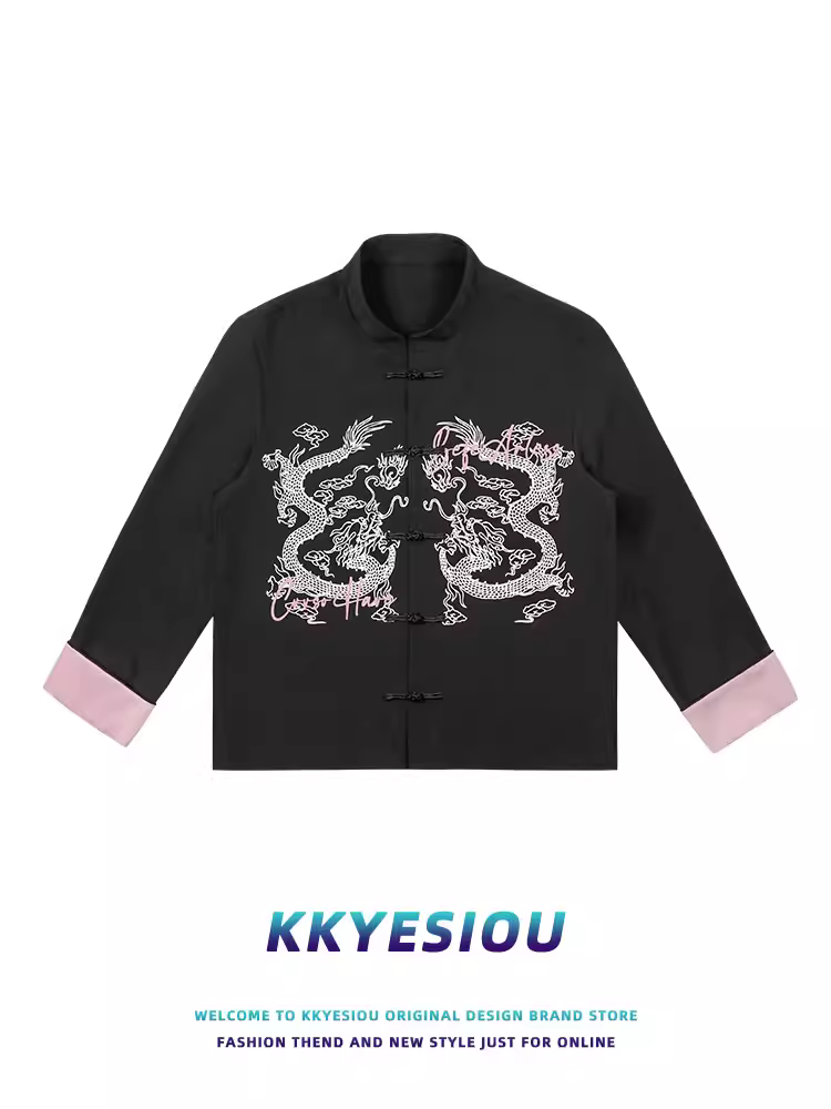 Áo khoác cổ đứng nghệ thuật hip-hop kiểu Trung Quốc KKyesiou dành cho nam và nữ, áo khoác sơ mi phối màu hồng và đen theo phong cách dân tộc