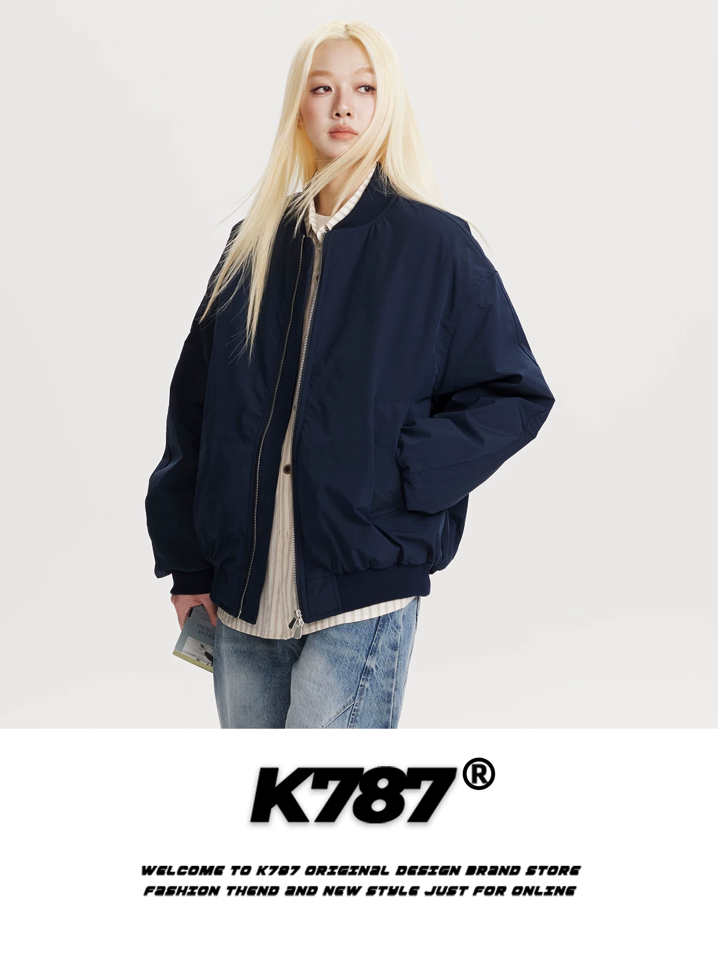 Áo khoác bomber màu trơn kiểu Mỹ cổ điển K787 chất liệu cotton, unisex, dáng rộng, thời trang, thương hiệu nổi tiếng, màu hồng ấm áp, áo đôi mùa đông