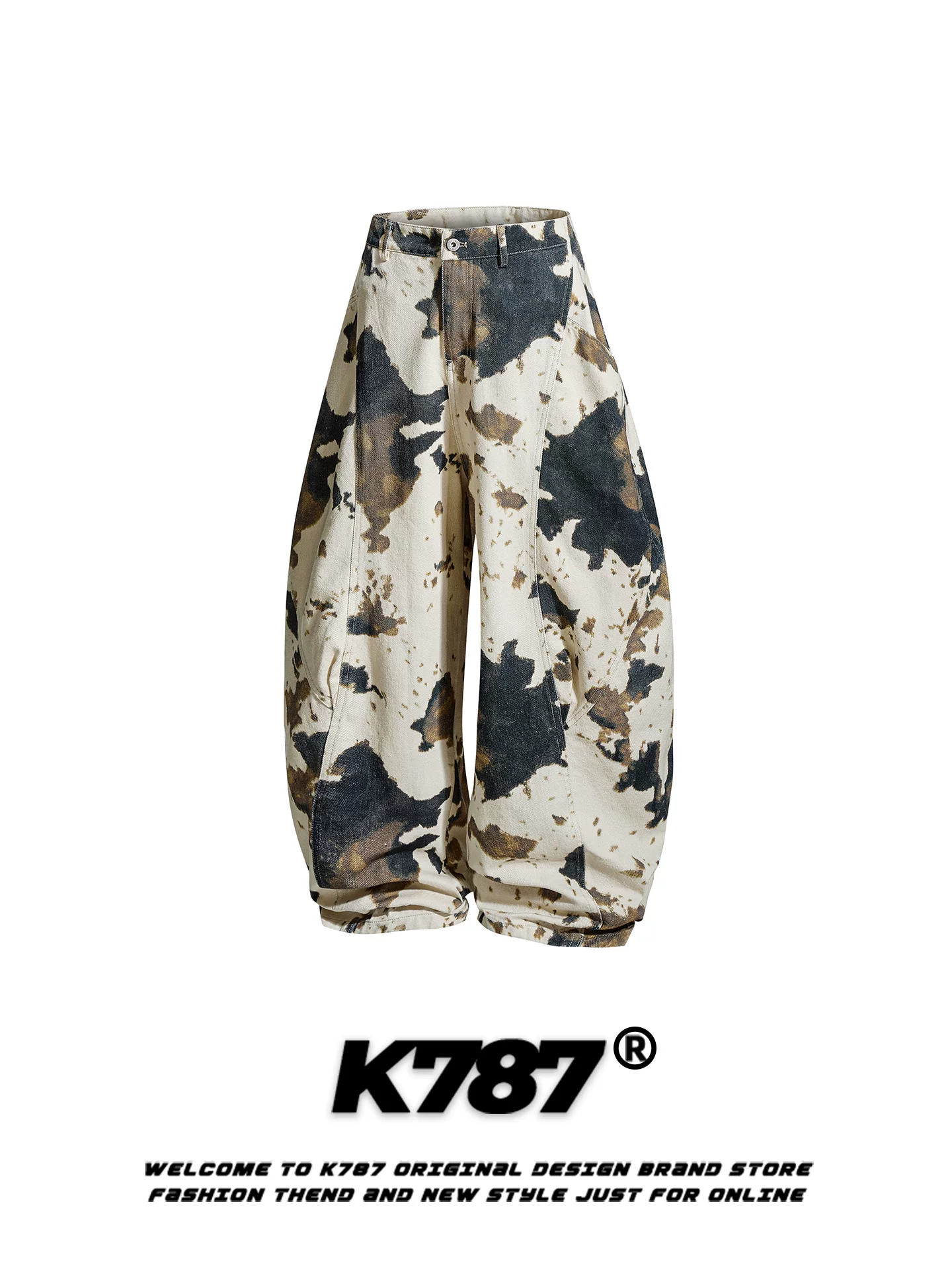 Quần jeans K787 kiểu Mỹ cổ điển, nhuộm tie-dye, dáng scimitar, unisex, xu hướng quốc dân, rộng rãi, thoải mái, cạp cao, ống rộng, kiểu cargo