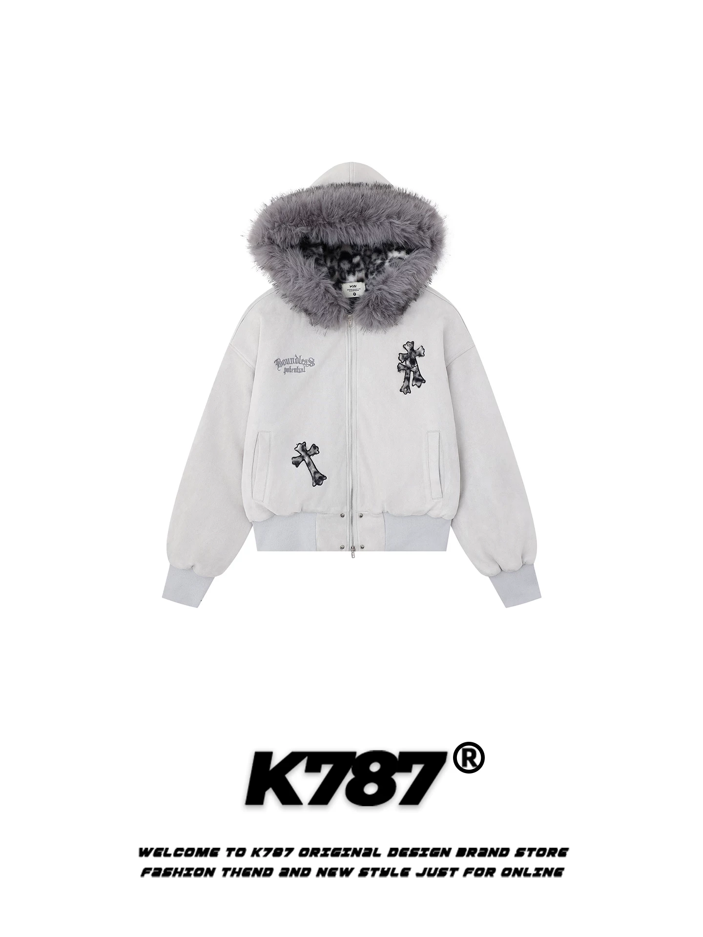 Áo khoác cotton có mũ trùm đầu cổ lông in họa tiết da báo cổ điển Mỹ K787 dành cho nam và nữ, thương hiệu thời thượng, phong cách lười biếng, áo khoác cotton ngắn ấm áp cho mùa đông.