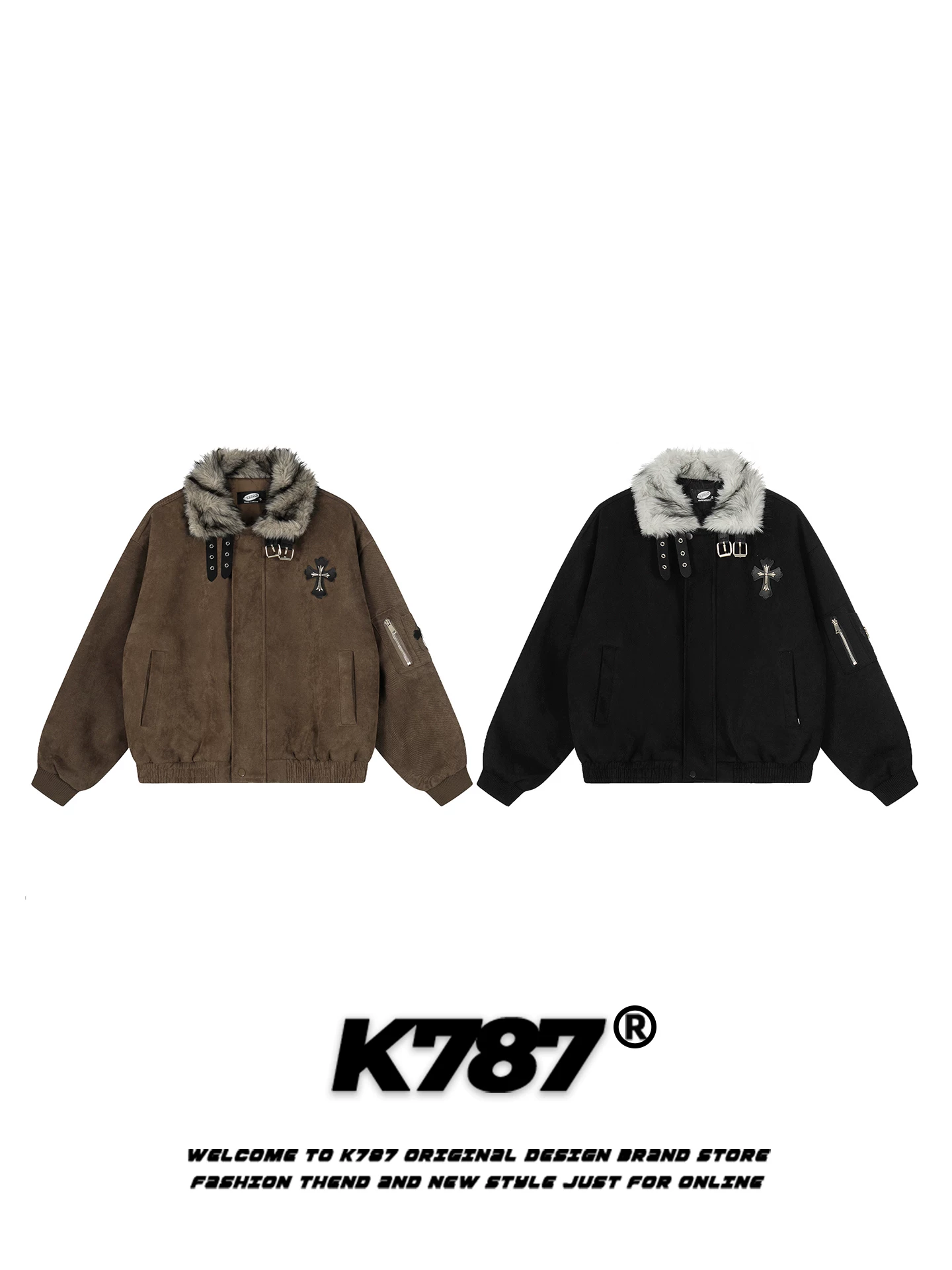 Áo khoác cotton cổ lông họa tiết chéo phong cách đường phố Mỹ K787 dành cho nam và nữ, dáng rộng, áo khoác cotton lót ấm, áo khoác cotton có khóa kéo theo xu hướng quốc gia dành cho cặp đôi.