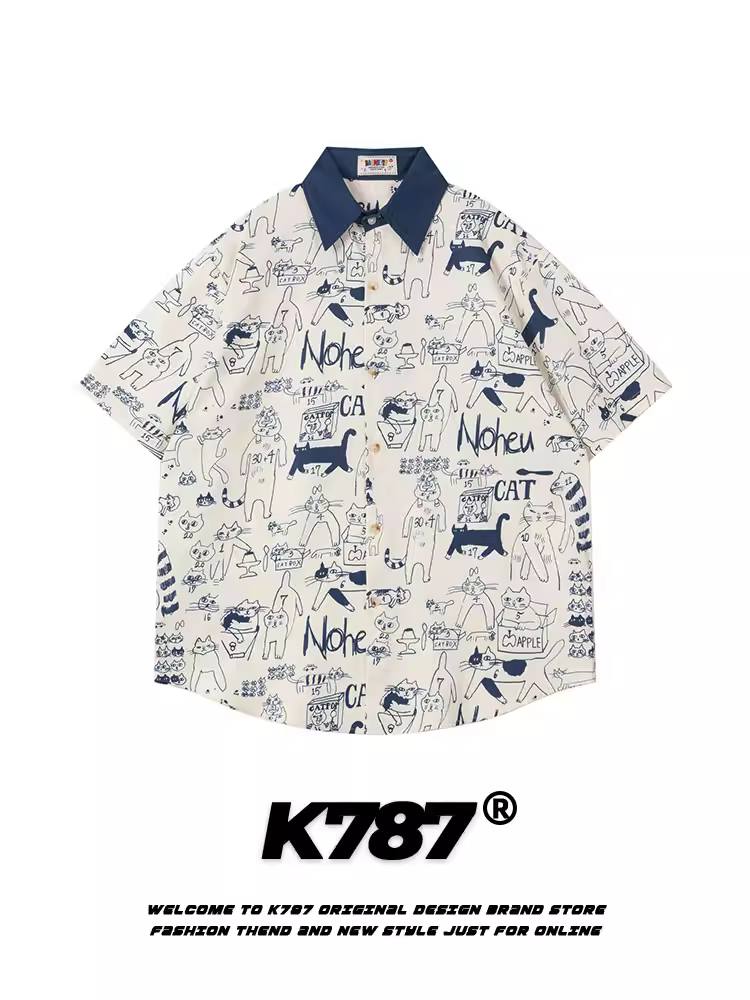 K787 Áo sơ mi ngắn tay hoạt hình cổ điển kiểu Mỹ dành cho nam và nữ cổ điển đa năng áo cặp đôi lười biếng