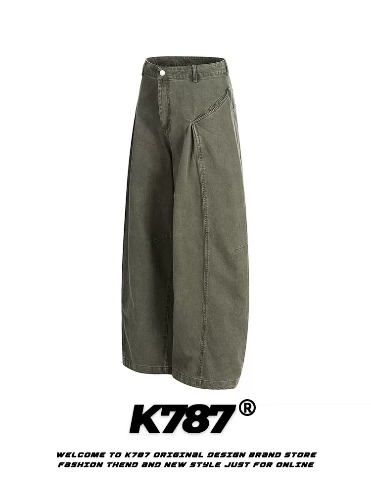 Quần jeans dáng scimitar xếp ly kiểu Mỹ cổ điển K787 dành cho nam và nữ, cạp cao, dáng rộng, thoải mái.