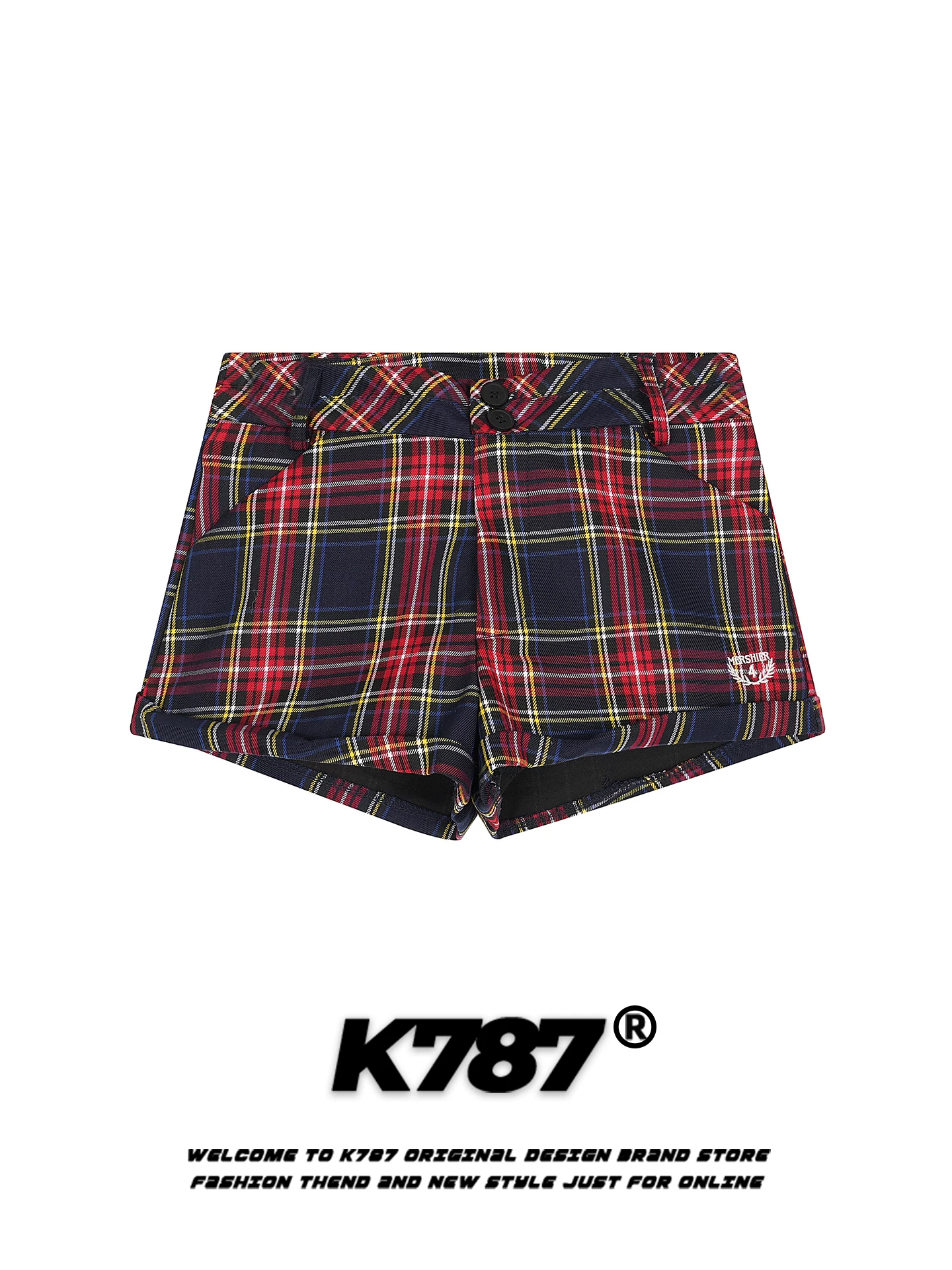Quần short nữ K787 kiểu Mỹ cổ điển, kẻ ca rô, cạp cao, đa năng, thêu họa tiết, dáng rộng, phong cách thể thao, học sinh, quần short năng động