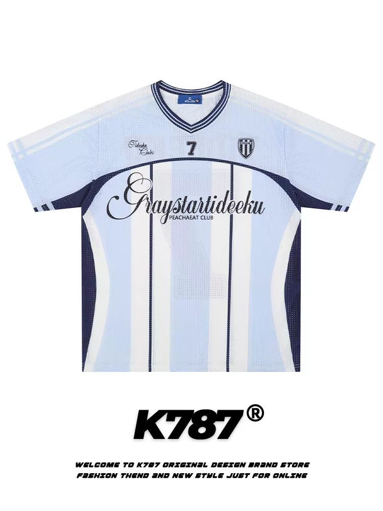 Áo thun unisex kiểu dáng thể thao cổ điển Mỹ K787, tay raglan rộng, chất liệu thun kẻ sọc, mặc mùa hè, tay ngắn