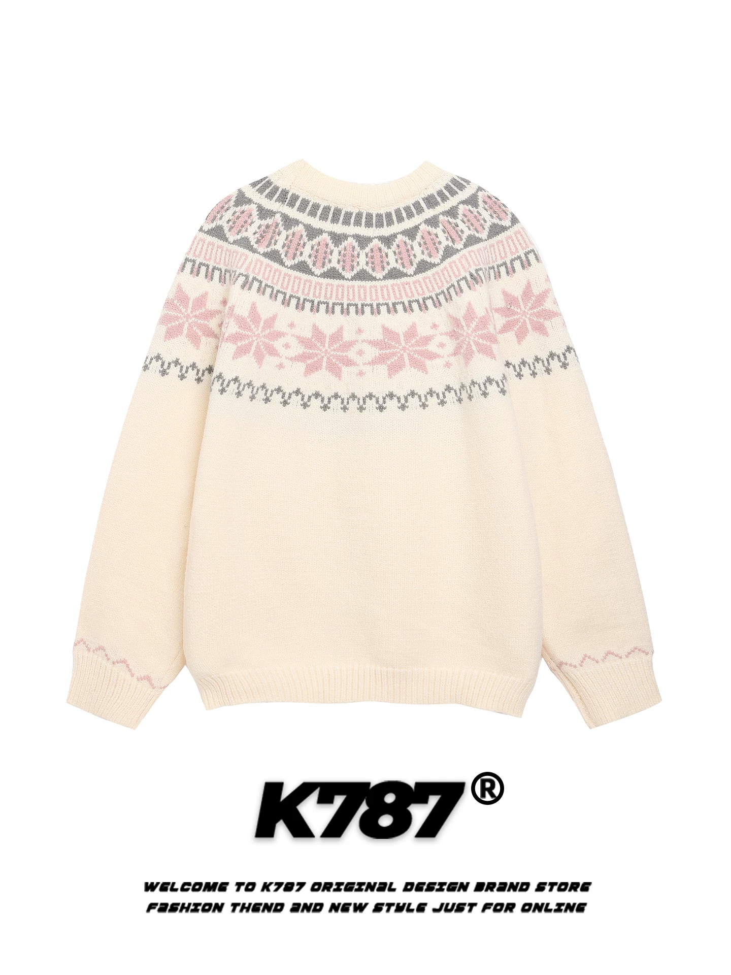 Áo len cổ tròn dệt jacquard kiểu Fair Isle của Mỹ K787 dành cho nam và nữ, kiểu dáng rộng rãi và thoải mái, trang phục dệt kim dành cho cặp đôi đi làm mùa thu.