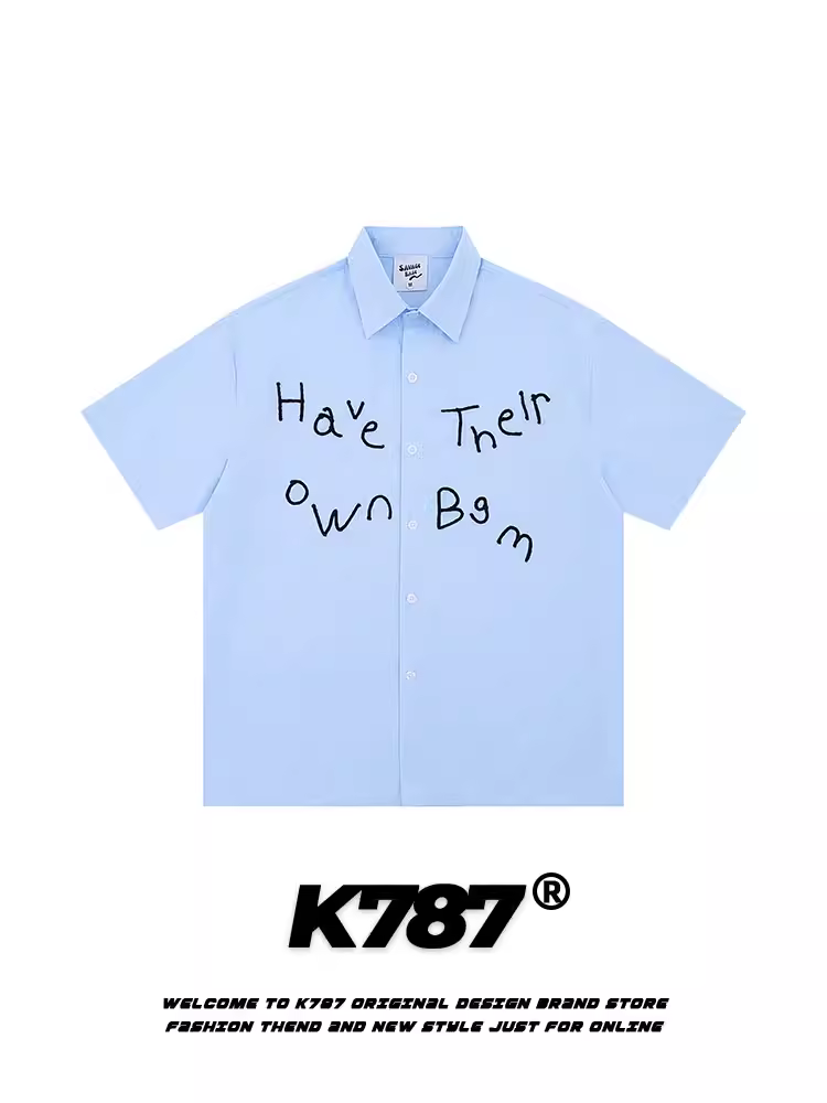 K787 Mỹ retro thêu chữ phong cách đại học áo sơ mi ngắn tay unisex cổ điển đa năng cardigan hàng đầu mùa hè