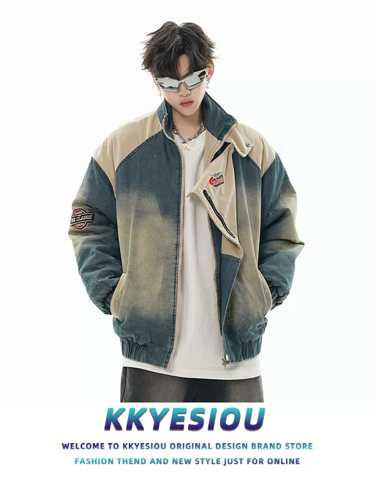 Áo khoác denim cổ đứng kiểu Mỹ cổ điển KKyesiou dành cho nam và nữ, áo khoác cotton dày dặn sành điệu.