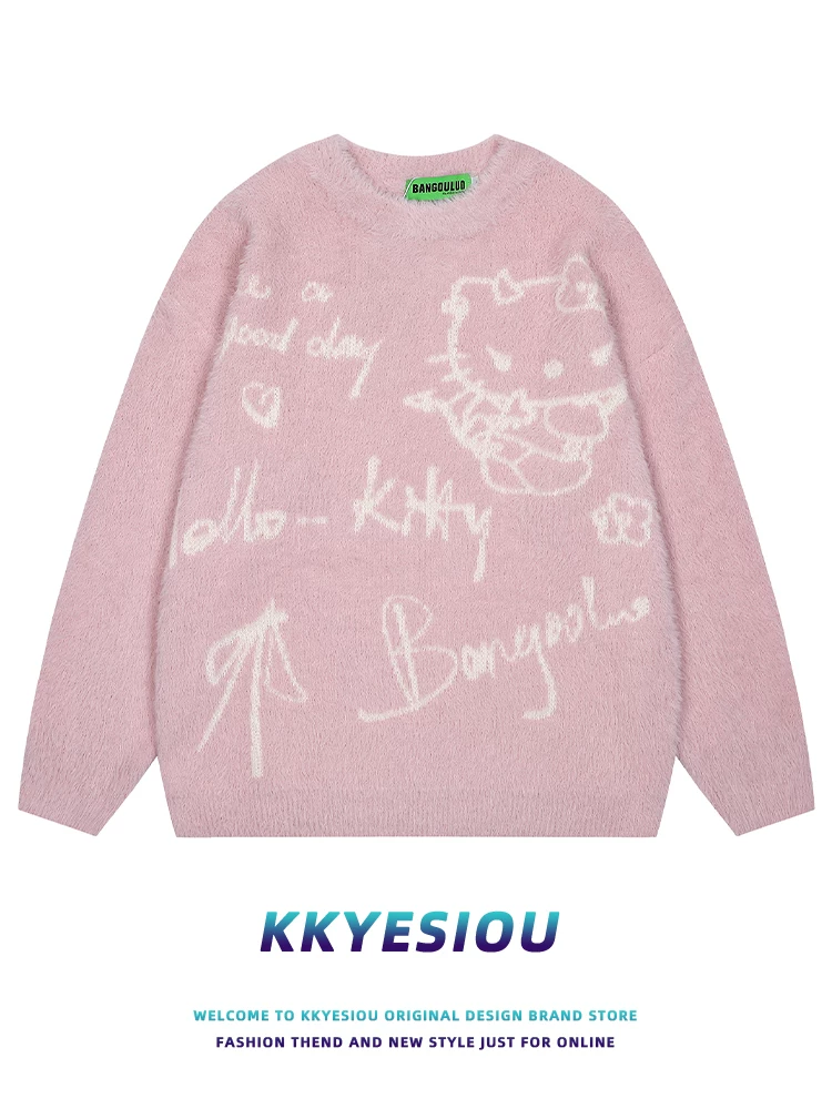 Áo len dệt kim kiểu Nhật KKyesiou Hello Kitty phong cách thường ngày dành cho nữ mùa thu đông 2024, phong cách đường phố Mỹ, tạo cảm giác năng động.