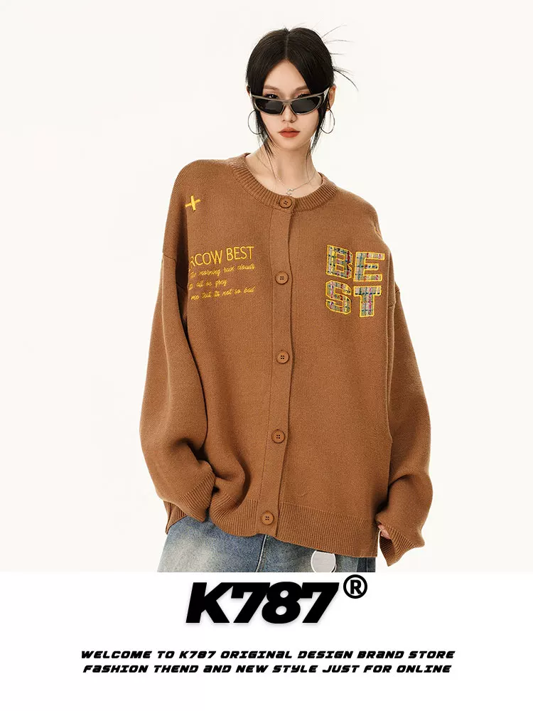 Áo cardigan dệt kim phong cách retro Mỹ K787 thêu chữ, kiểu dáng lười, unisex, áo len cặp đôi cổ điển, áo khoác phong cách ins