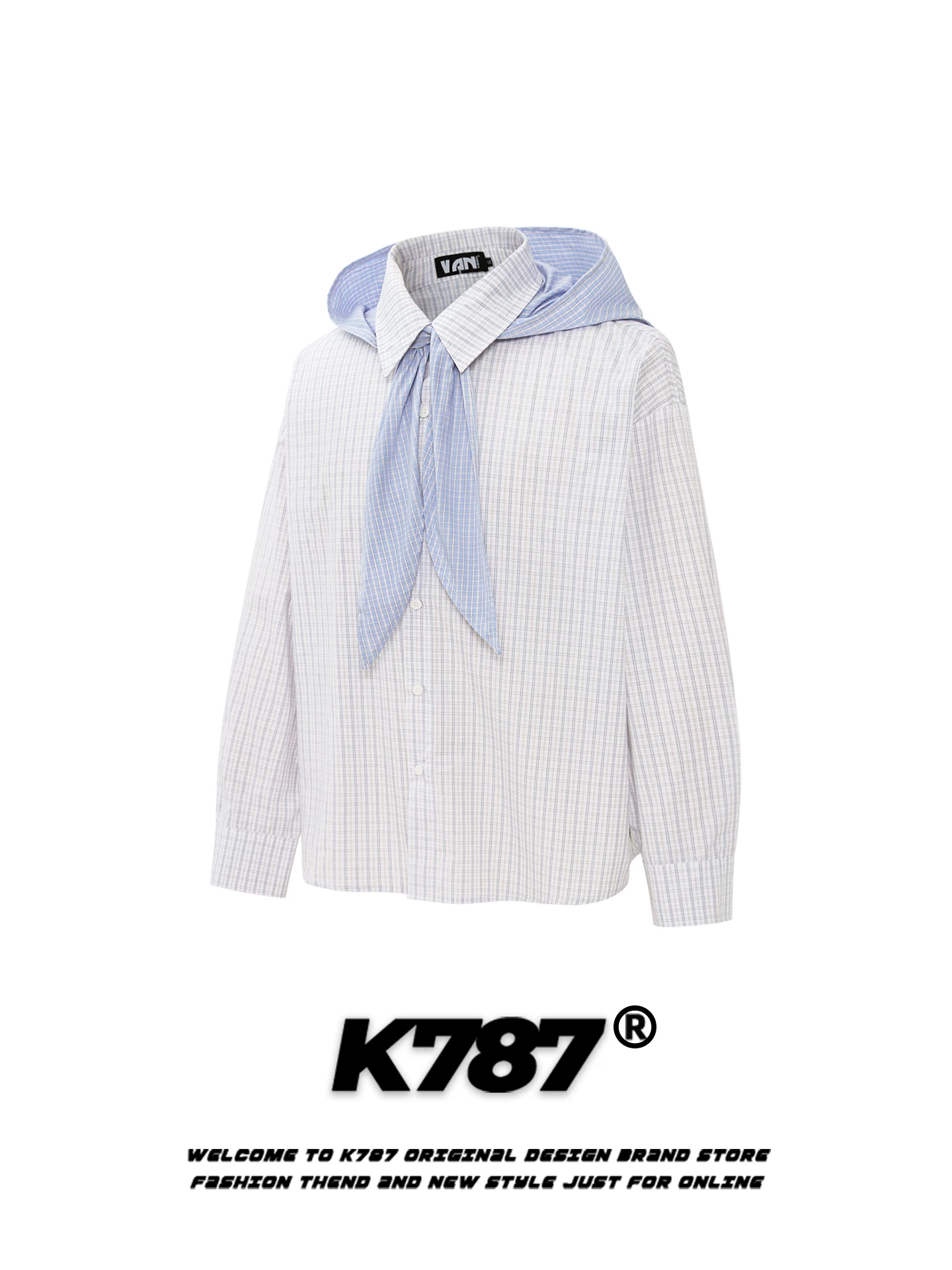 Áo sơ mi kẻ caro phong cách Mỹ K787, phối màu, có mũ trùm đầu tháo rời, unisex, kiểu dáng học sinh, rộng rãi, dành cho cặp đôi, tay dài