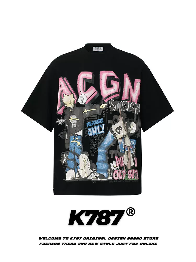K787 Áo thun ngắn tay in hình hoạt hình hip-hop cổ điển của Mỹ dành cho nam và nữ áo đôi đa năng đường phố cỡ lớn