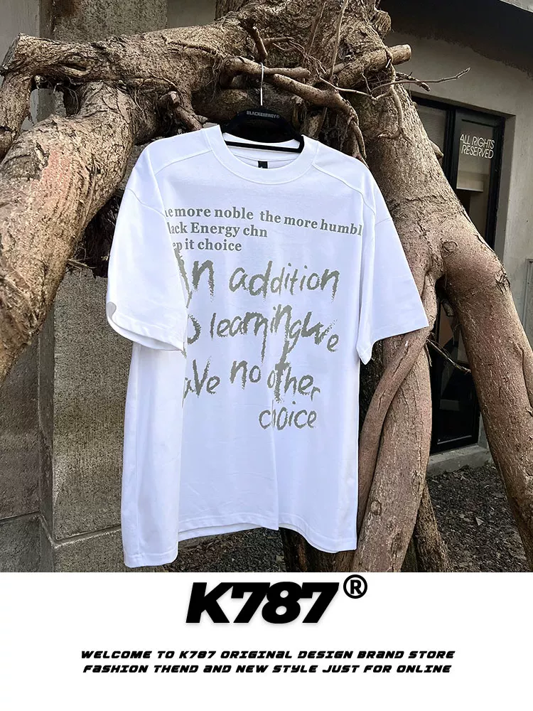 K787 Áo thun ngắn tay phong cách retro Mỹ graffiti unisex cleanfit giản dị theo xu hướng quốc gia áo thun ngắn tay đa năng